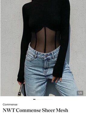 Commense Black Sheer Mesh Long-Sleeve Bodysuit
